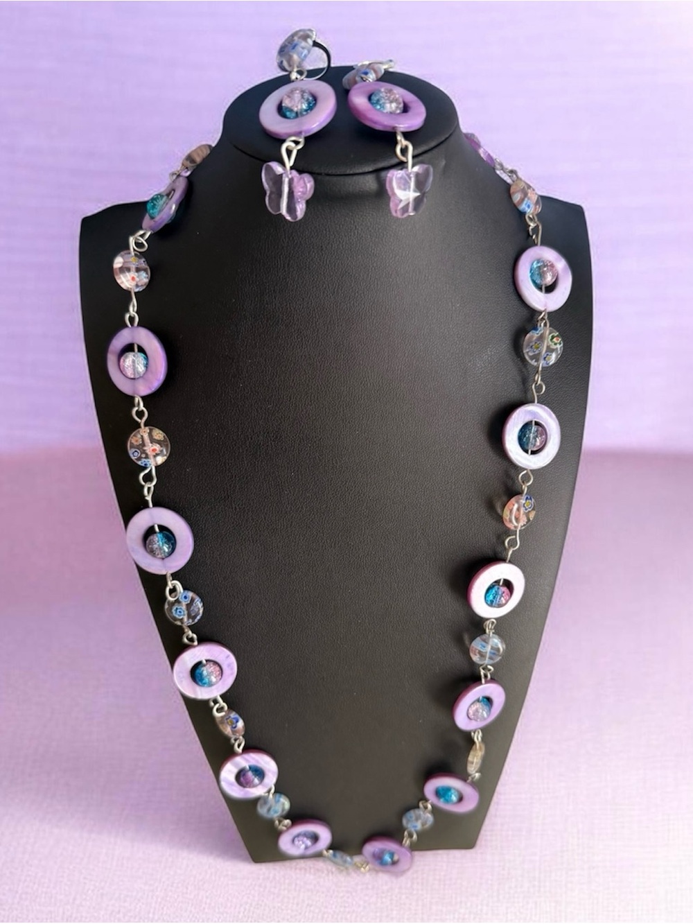 Handmade Lavender Glass Button Necklace & Earrings Set